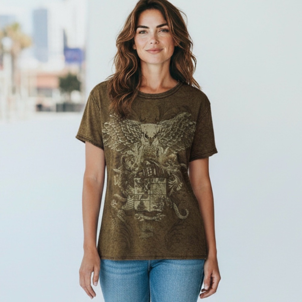 Modern Culture Vintage Acid Wash Owl Crest Graphic Brown Tee Womens Size M
